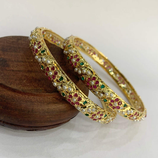 Traditional Jadau Bangle With White Pearls - Vijay & Sons