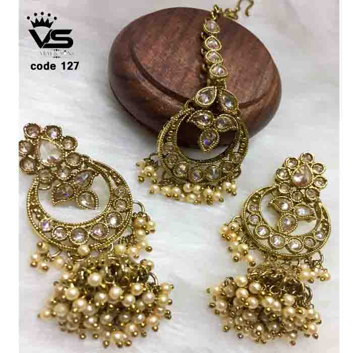 Traditional gold platted white pearls tika set freeshipping - Vijay & Sons