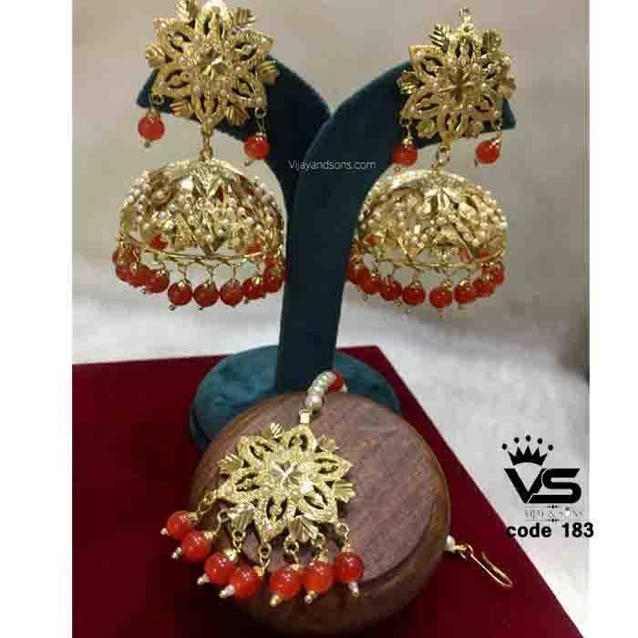 Traditional mast design white mounga jadau earrings with tika - Vijay & Sons