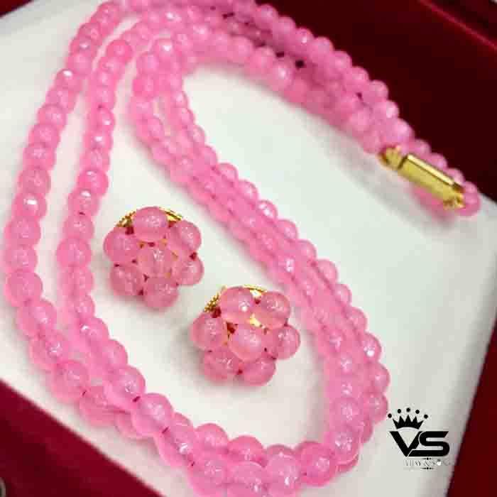pink color pearls mala with flower shape earrings - Vijay & Sons