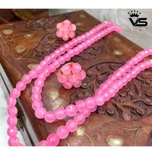 pink color pearls mala with flower shape earrings - Vijay & Sons