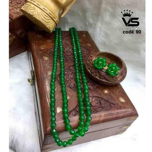 green pearls mala with flower shape studs - Vijay & Sons