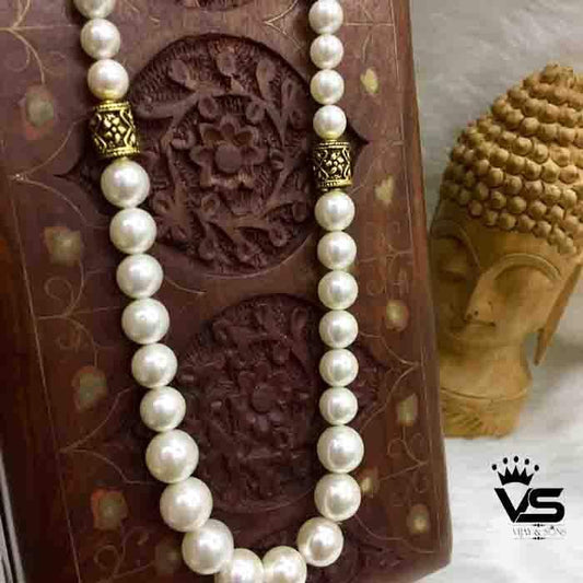white plane pearl mala with antique piece - Vijay & Sons
