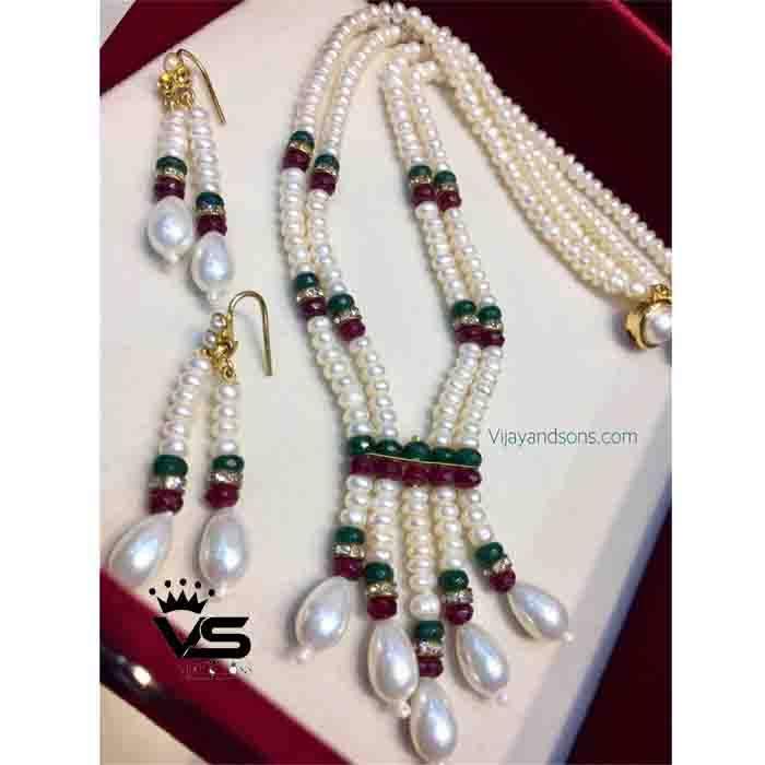three layer ruby green real pearl mala with fresh water pearl - Vijay & Sons