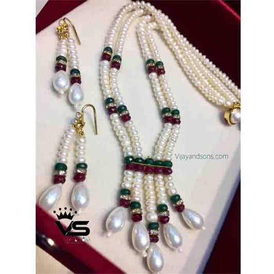 three layer ruby green real pearl mala with fresh water pearl - Vijay & Sons