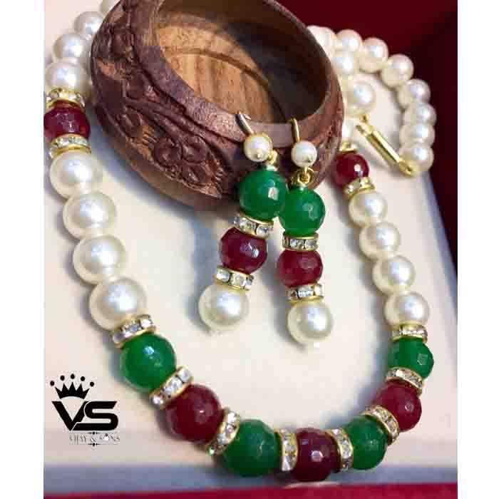 ruby green pearls mala with earrings - Vijay & Sons