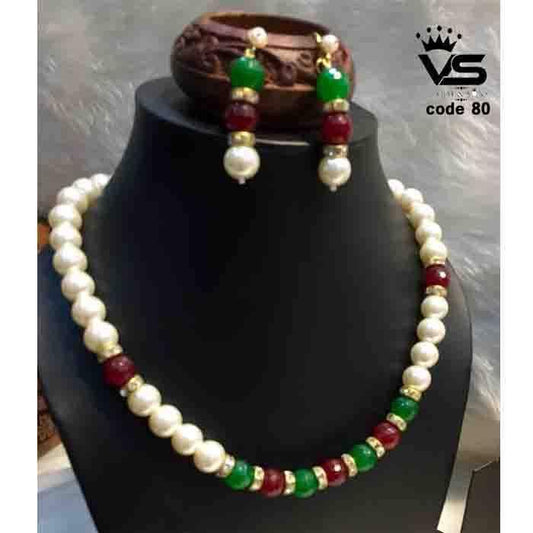 ruby green pearls mala with earrings - Vijay & Sons
