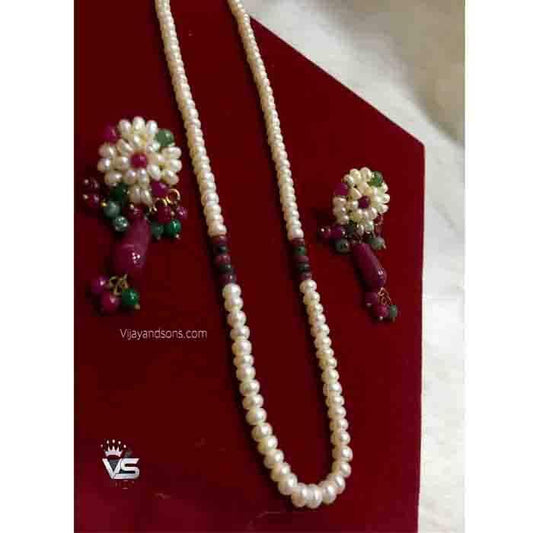 real pearl mala with ruby green touch & earrings - Vijay & Sons
