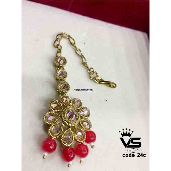 Firoza white Jadau round flower shape pearls work tika freeshipping - Vijay & Sons