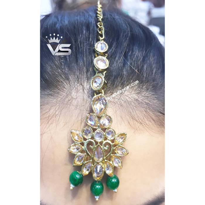 Green white flower shape pearls work tika freeshipping - Vijay & Sons