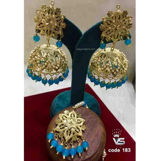 Punjabi style by white firoza jadau earrings with tika - Vijay & Sons