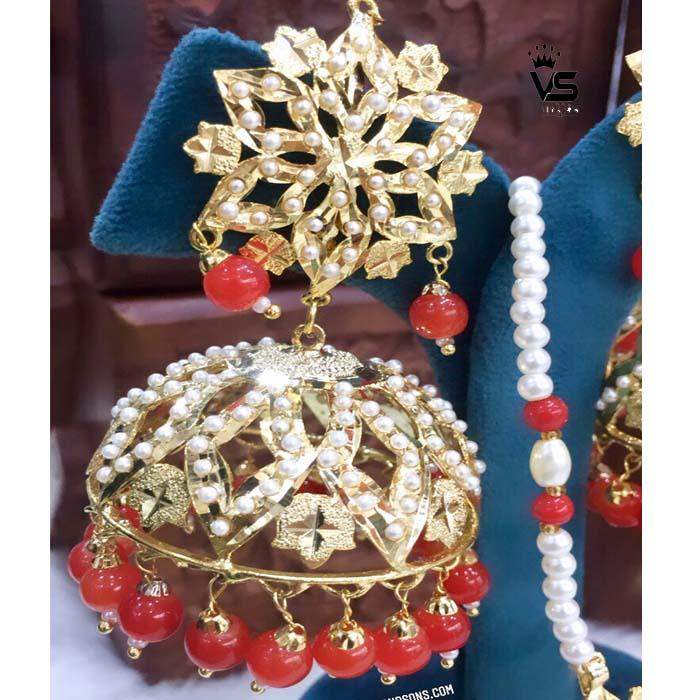 Traditional mast design white mounga jadau earrings with tika - Vijay & Sons