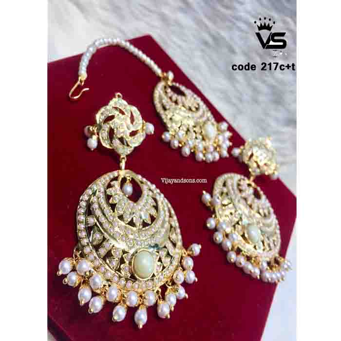 Trendy round studed white jadau peach earrings with tika freeshipping - Vijay & Sons