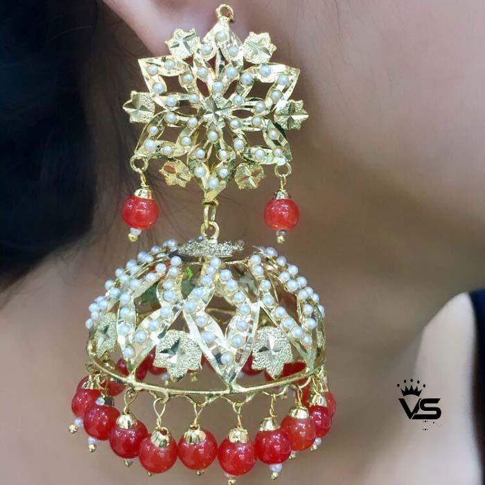 Traditional mast design white mounga jadau earrings with tika - Vijay & Sons