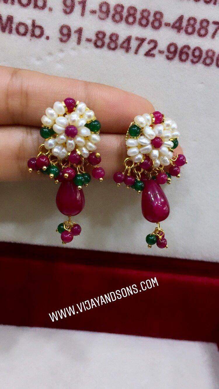 real pearl mala with ruby green touch & earrings - Vijay & Sons