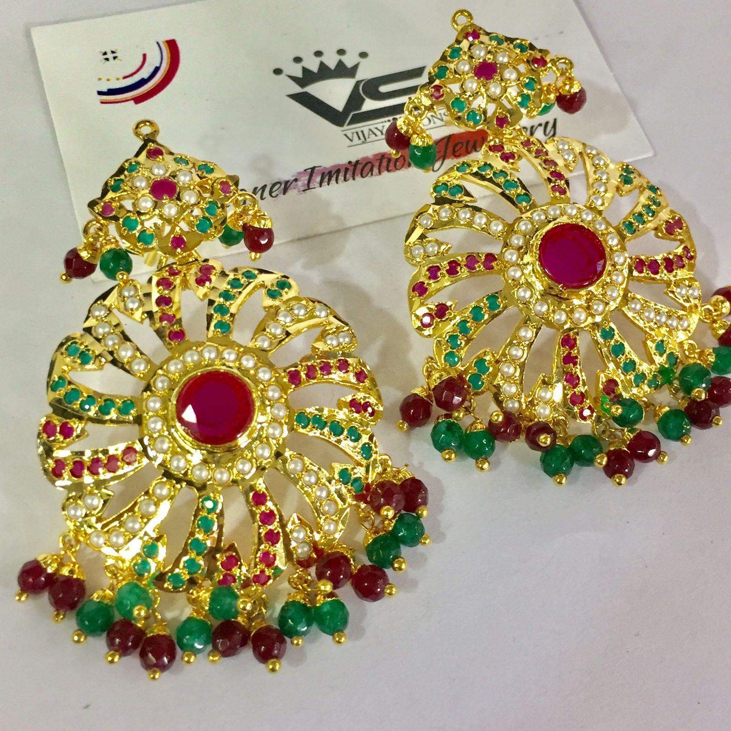 Gold Plated Quality Ruby Green Earrings 24536 - Vijay & Sons