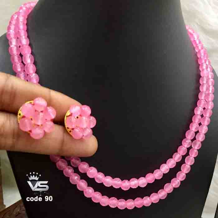 pink color pearls mala with flower shape earrings freeshipping - Vijay & Sons