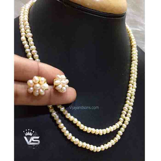 off white real pearl mala with stud freeshipping - Vijay & Sons