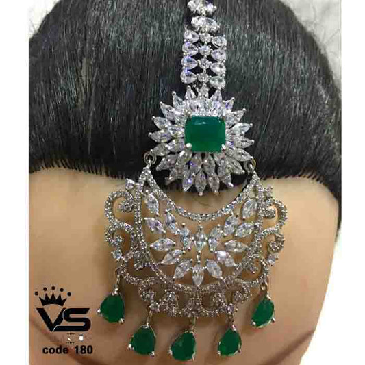 diamond maang tika with green highlits freeshipping - Vijay & Sons