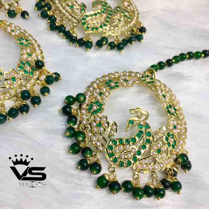 Wedding wear design by  green jadau earrings with tika freeshipping - Vijay & Sons