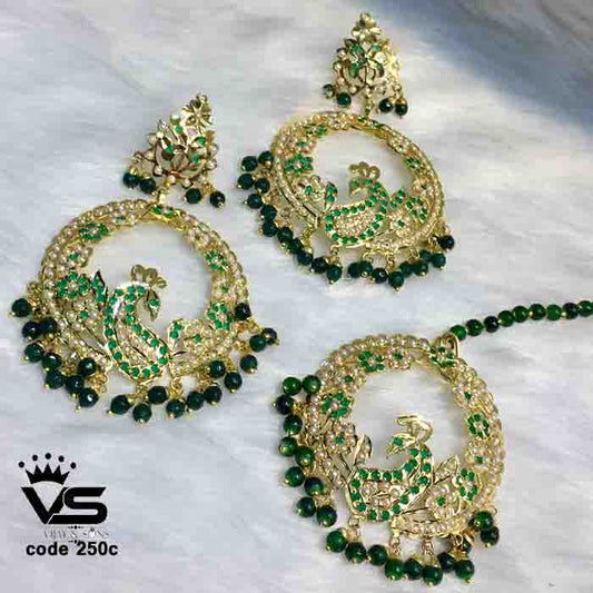 Wedding wear design by  green jadau earrings with tika freeshipping - Vijay & Sons