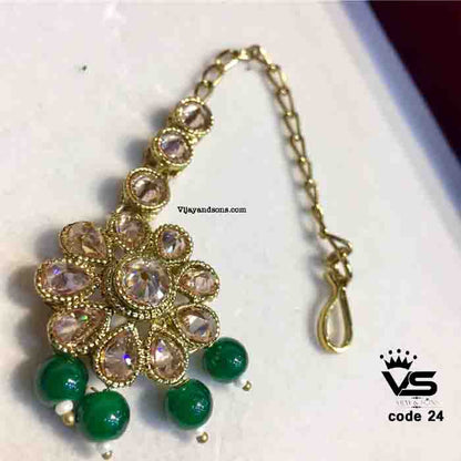 Green white flower shape pearls work tika freeshipping - Vijay & Sons