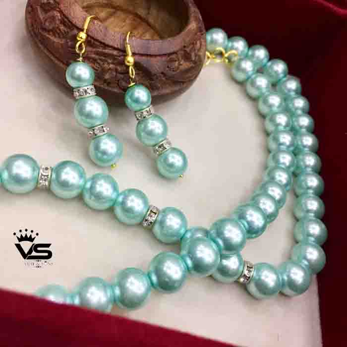 sky blue stylish pearl malla with earrings freeshipping - Vijay & Sons