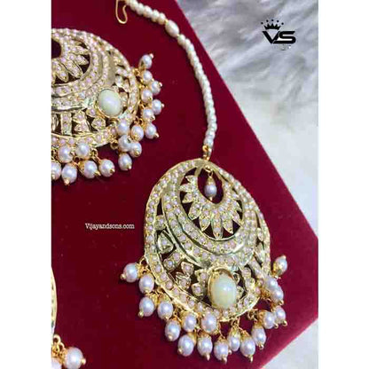 Trendy round studed white jadau peach earrings with tika freeshipping - Vijay & Sons