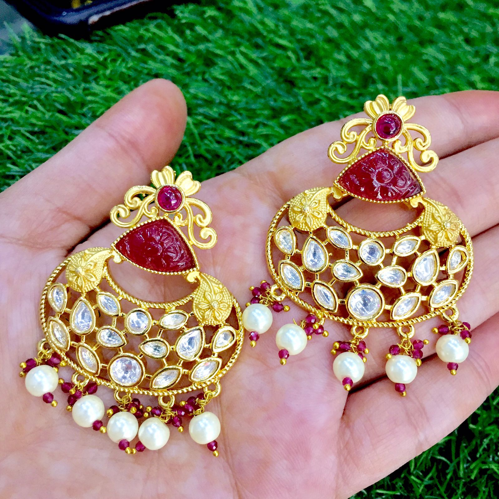Alloy Red And Golden Gold Plated Stone Jhumka Earring, 2inch(Length)
