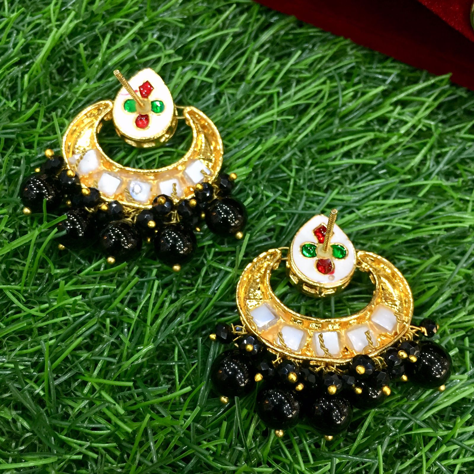 Ekani Pink/black Handcrafted Fabric Pearl Kundan Earrings
