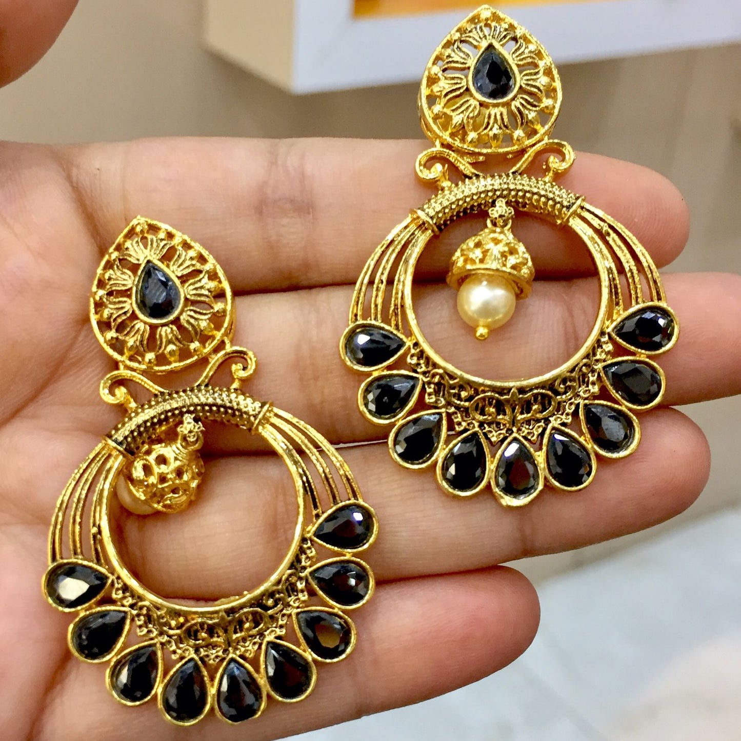 Traditional Gold Platted With Black Pearl Earrings 34587