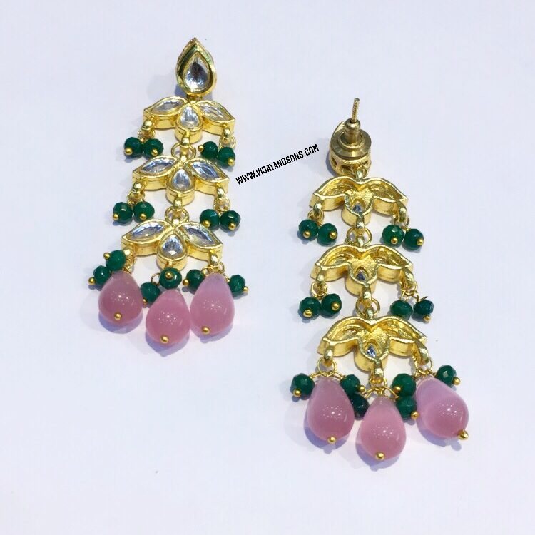 Ladies Gold Plated Pink Flower Green Water Drop CZ Crystal Long Dangle  Earrings | eBay