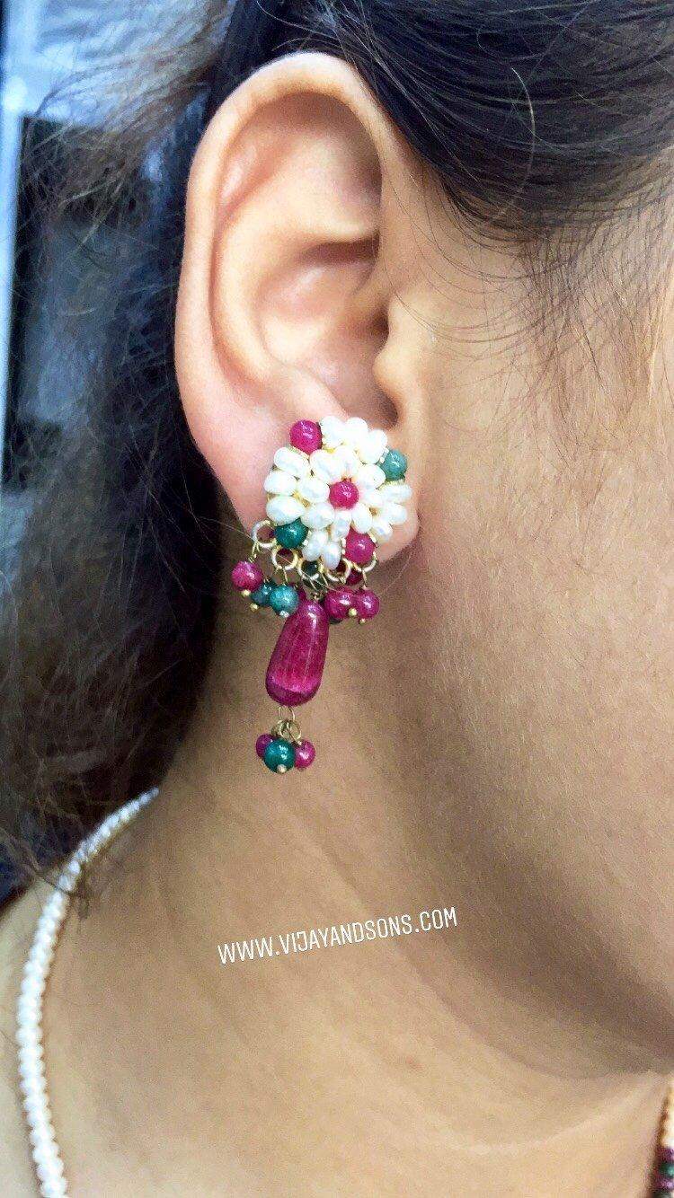 real pearl mala with ruby green touch & earrings freeshipping - Vijay & Sons