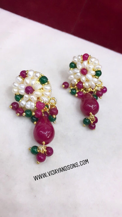 real pearl mala with ruby green touch & earrings freeshipping - Vijay & Sons